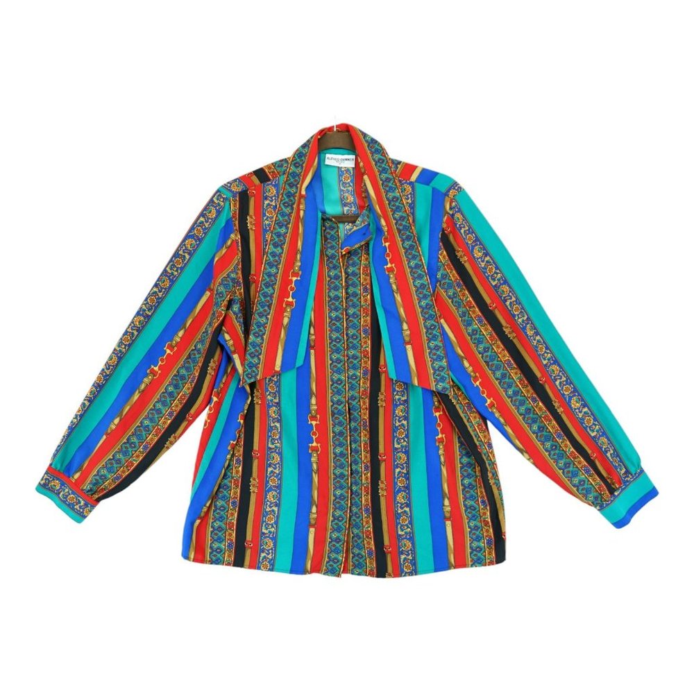 Alfred Dunner Vintage Blouse‎ Tie-Collar Bright Multi-Color Size 16 Long Sleeve